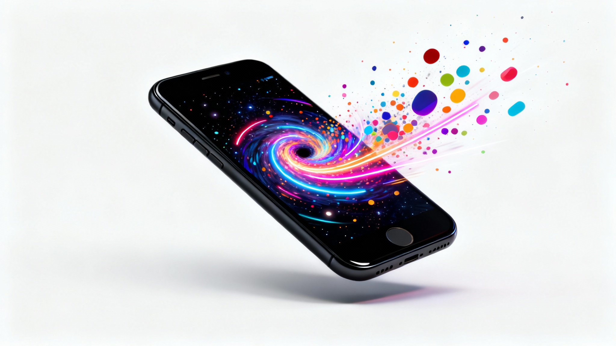 A sleek, modern smartphone mockup on a white background, with a dynamic swirl of colorful lights and particles coming out of the screen to illustrate animation.