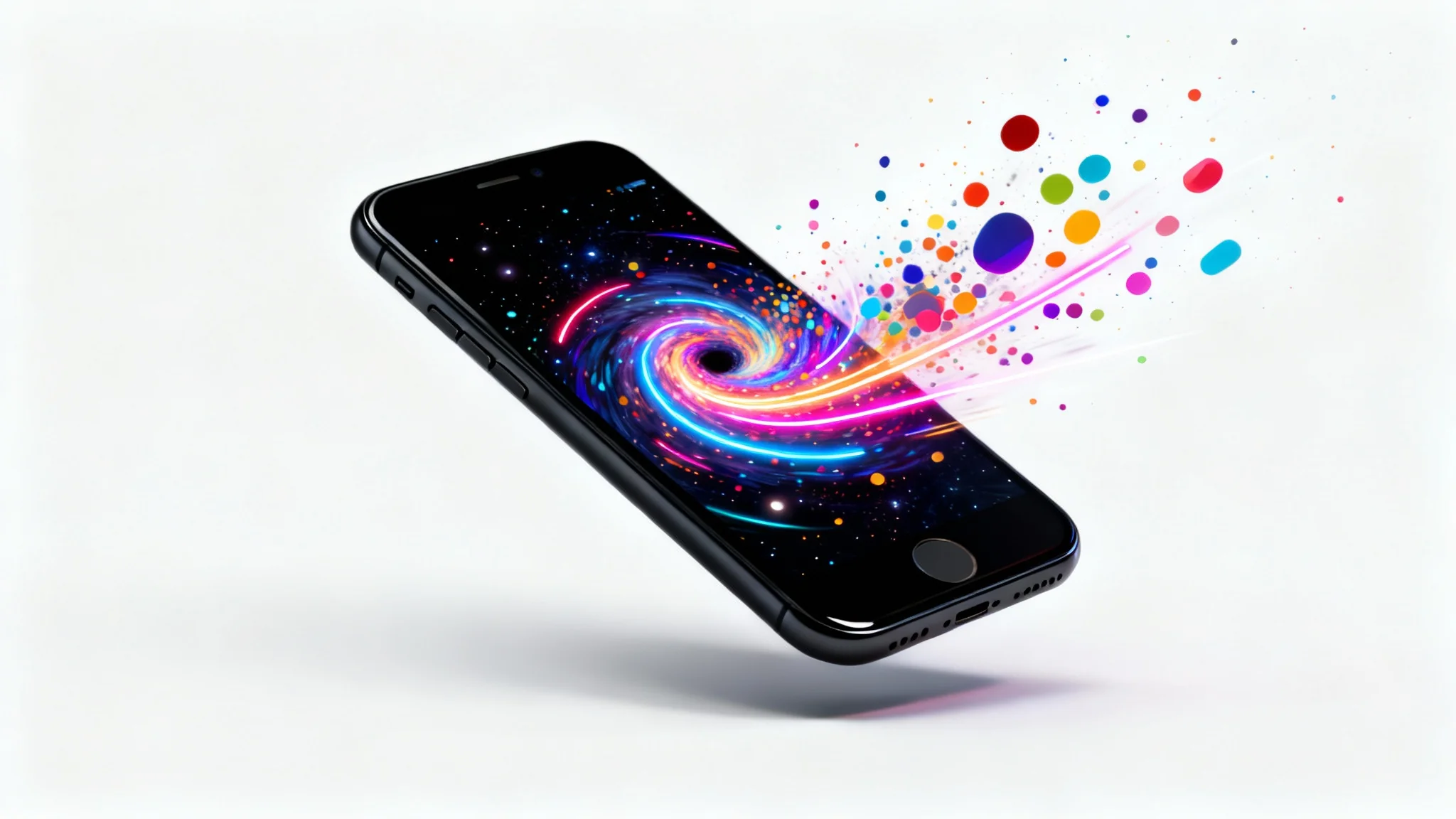 A sleek, modern smartphone mockup on a white background, with a dynamic swirl of colorful lights and particles coming out of the screen to illustrate animation.