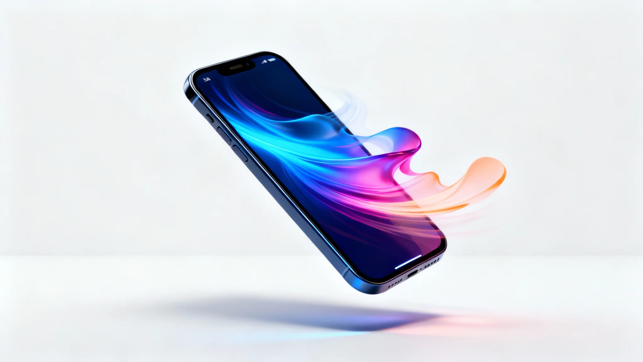 A photorealistic mockup of a modern iPhone floating against a white background, with colorful abstract shapes and light trails flowing out of the screen to signify animation.