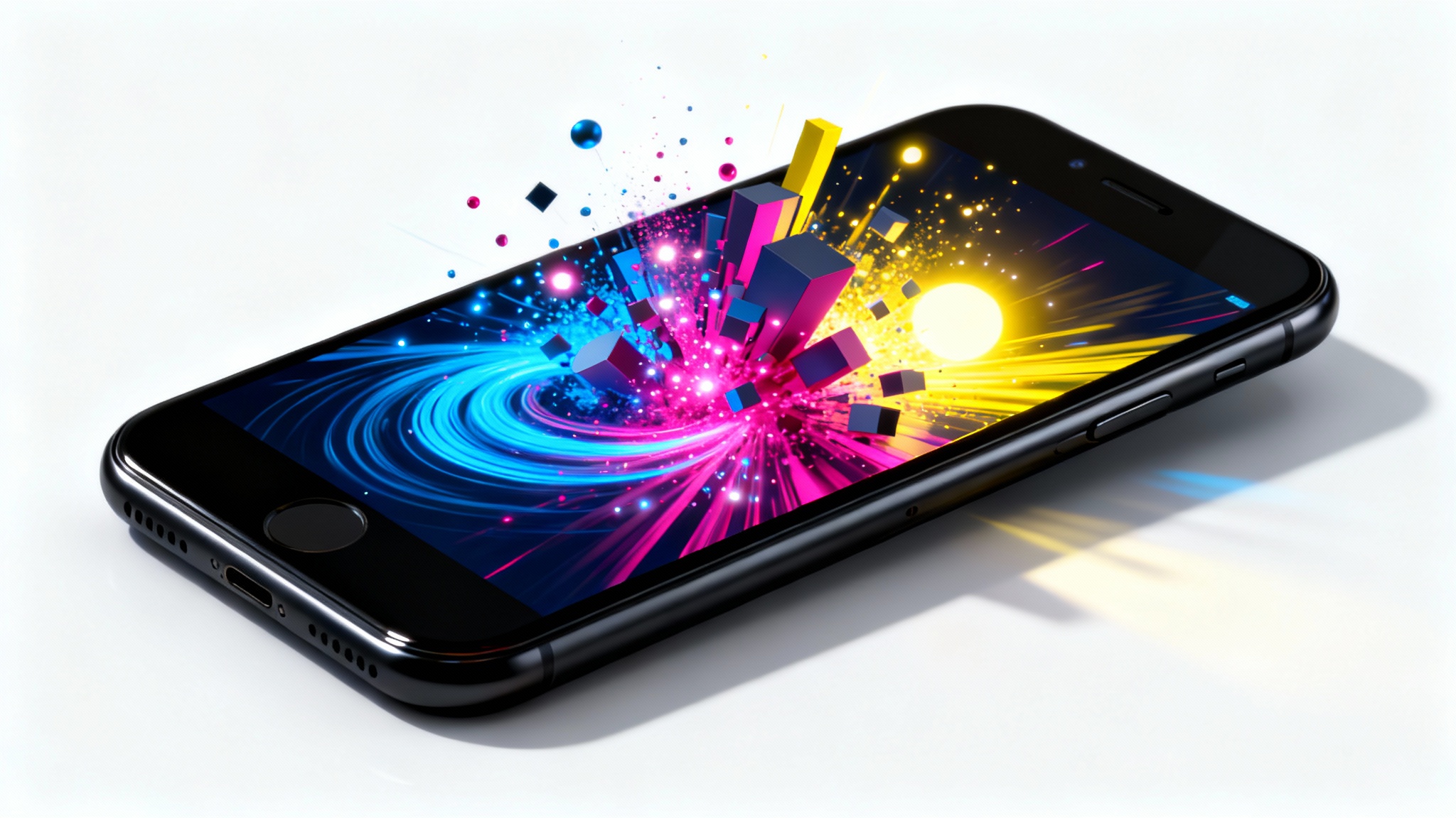 A modern black smartphone mockup on a white background, with colorful abstract shapes and lights dynamically coming out of the screen, suggesting animation capabilities.