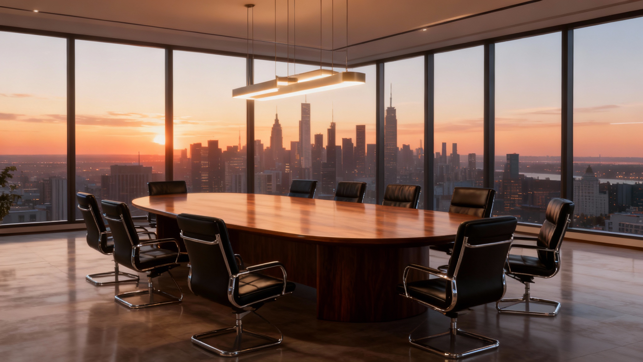 A photorealistic 3D model of a modern conference room, featuring a large oval walnut table, black leather chairs, and a panoramic city view through large windows.