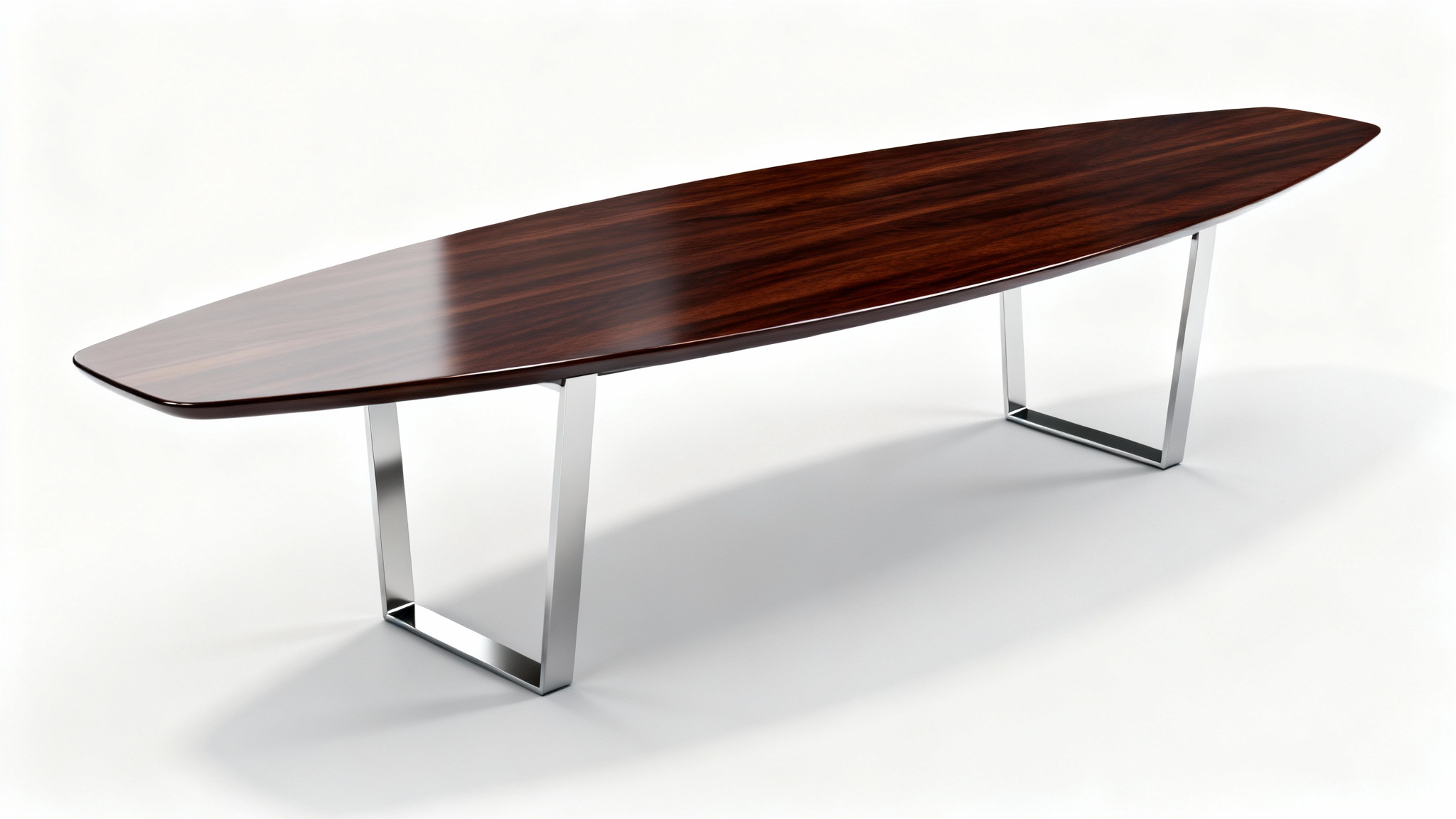 A photorealistic 3D model of a long, modern conference table with a polished dark wood top and chrome legs, showcased on a white background.