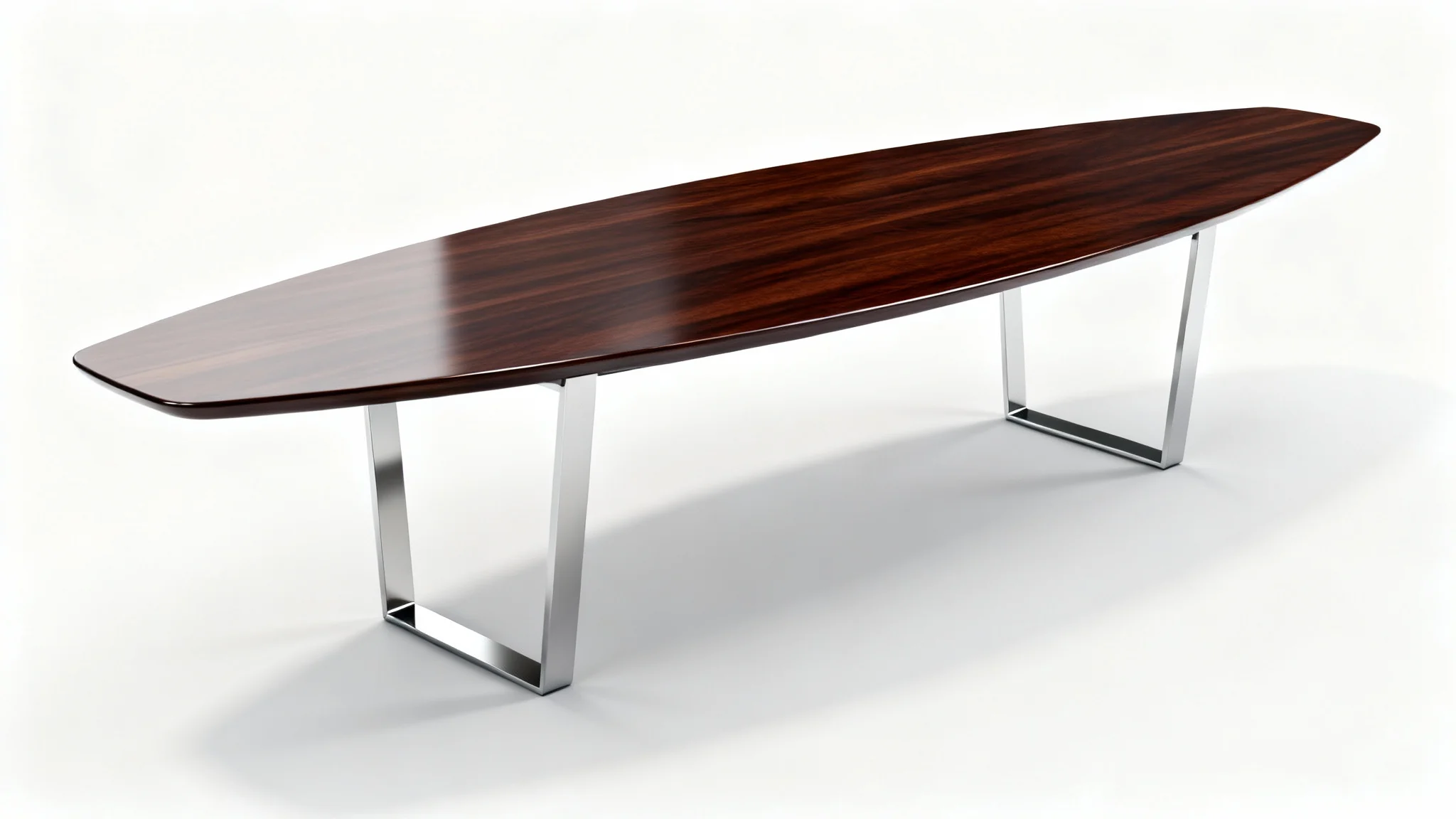 A photorealistic 3D model of a long, modern conference table with a polished dark wood top and chrome legs, showcased on a white background.