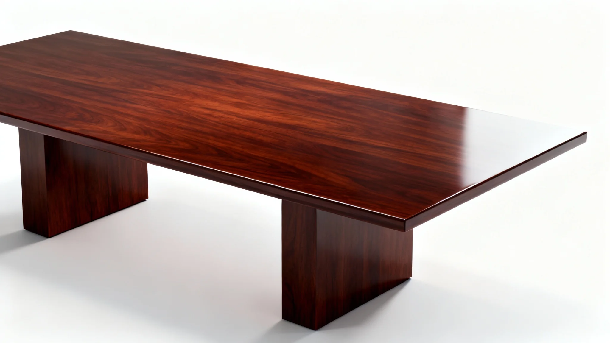 A photorealistic 3D model of a long, modern mahogany conference table with block legs, viewed from an angle against a stark white background.