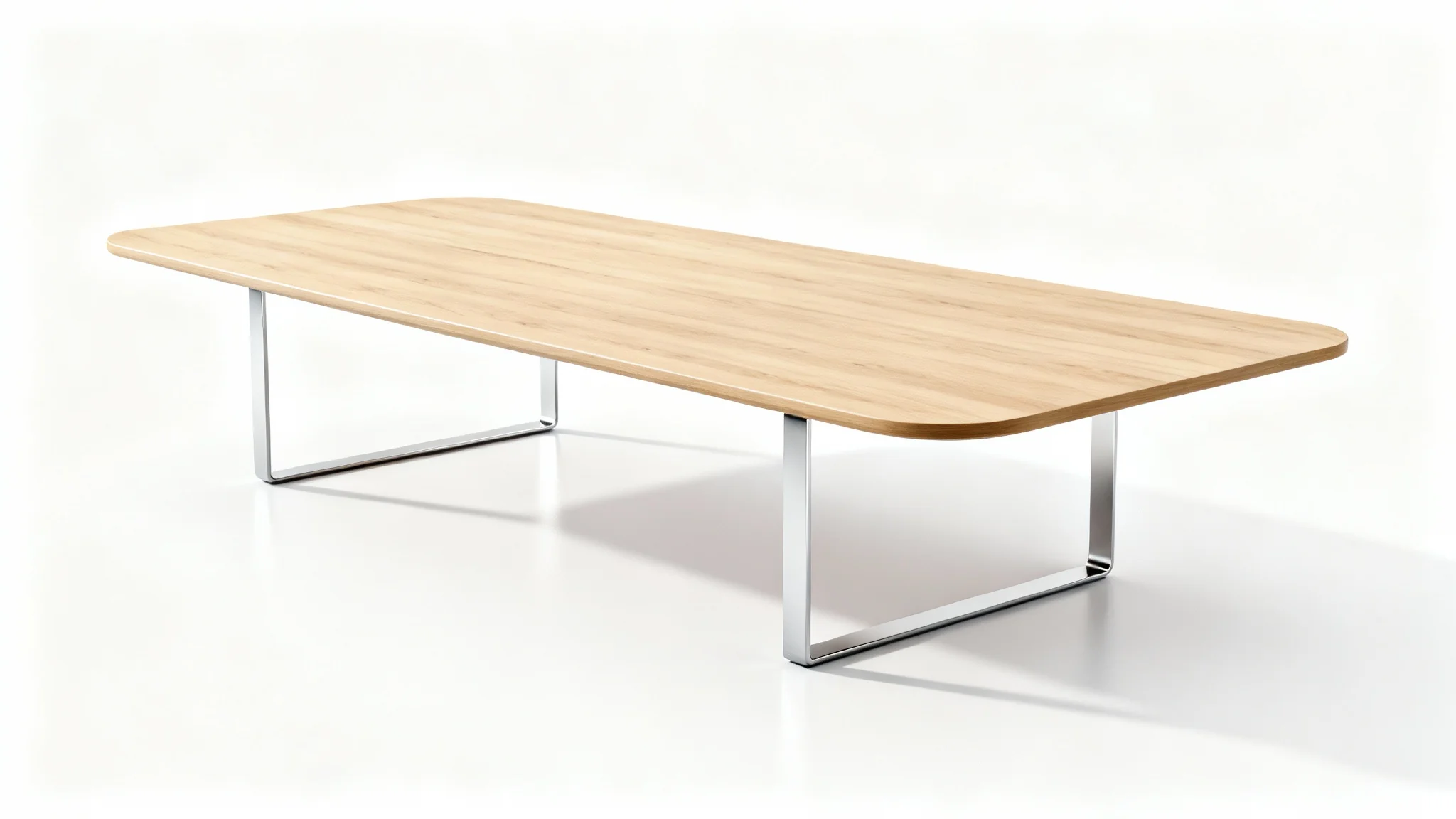A photorealistic 3D model of a long, modern conference table with light oak wood and steel legs, shown from a three-quarter angle against a white background.