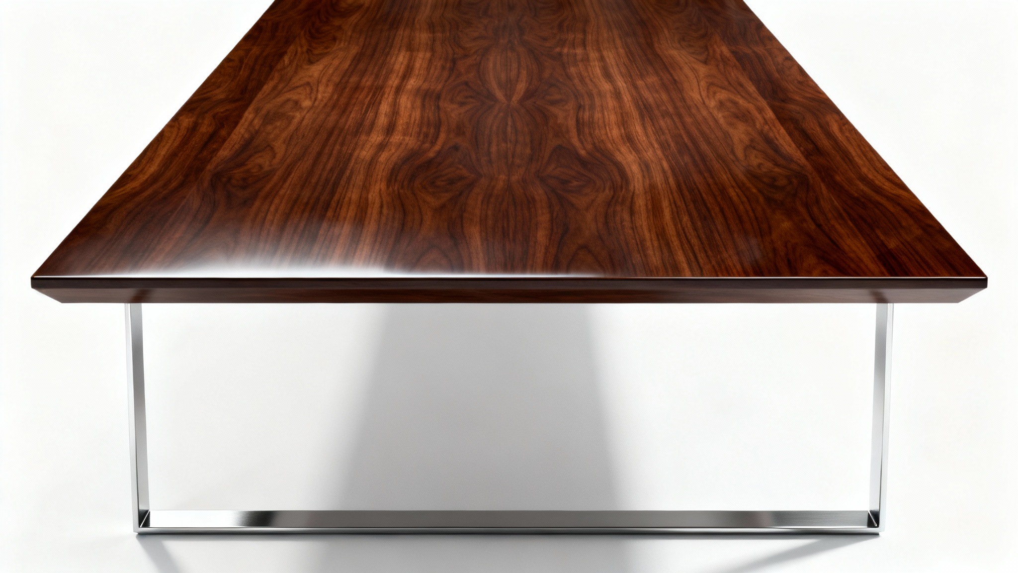 A photorealistic 3D model of a long, modern conference table made of dark polished wood with chrome legs, set against a plain white background.