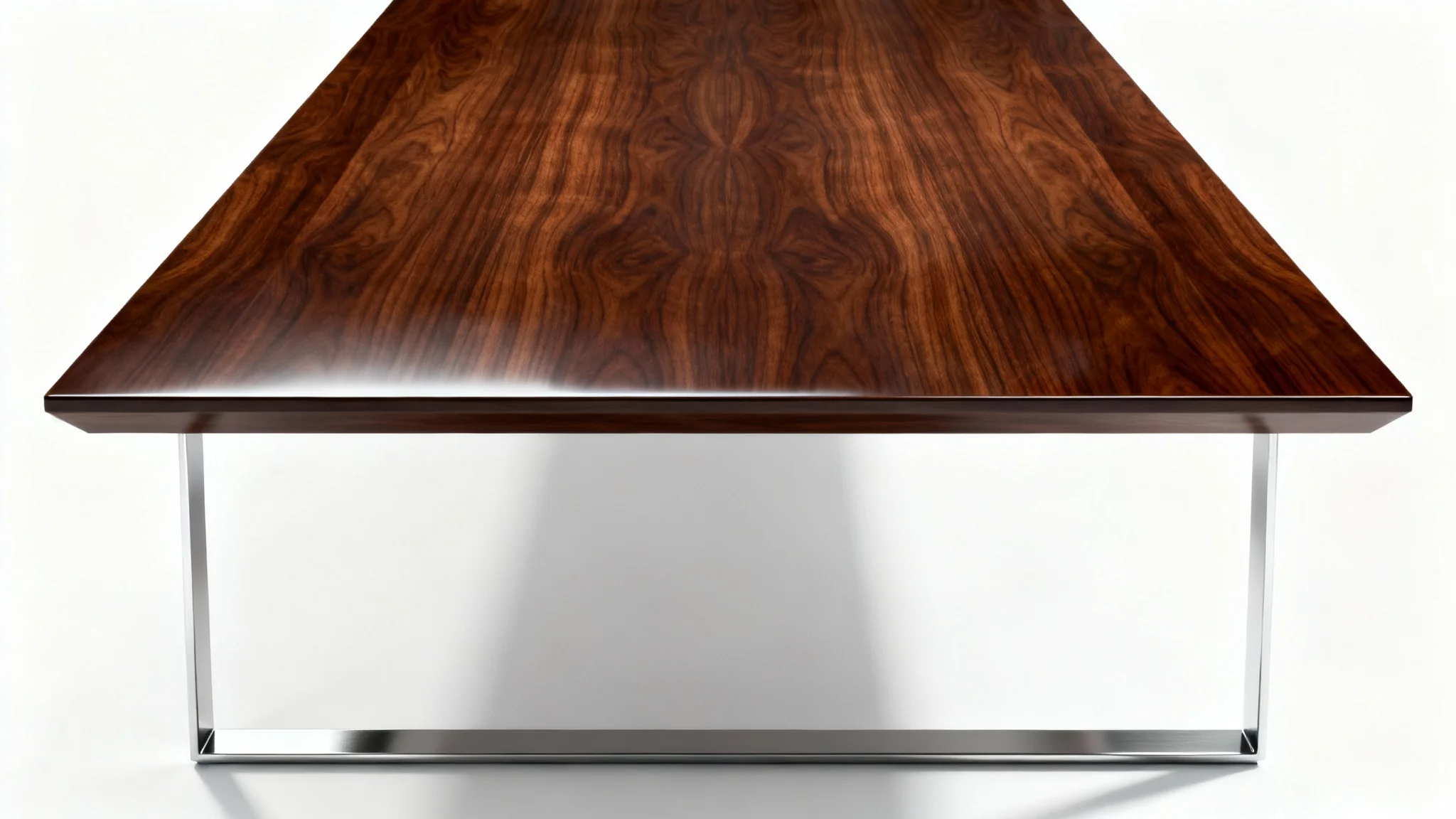 A photorealistic 3D model of a long, modern conference table made of dark polished wood with chrome legs, set against a plain white background.