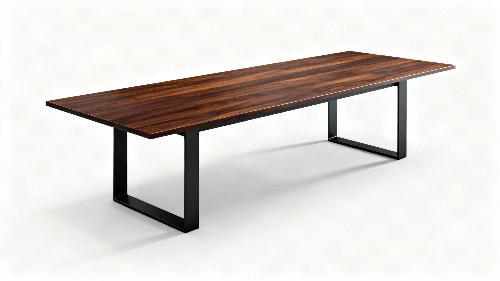 A photorealistic 3D model of a long, modern conference table with a dark wood top and black geometric legs, set against a plain white background.