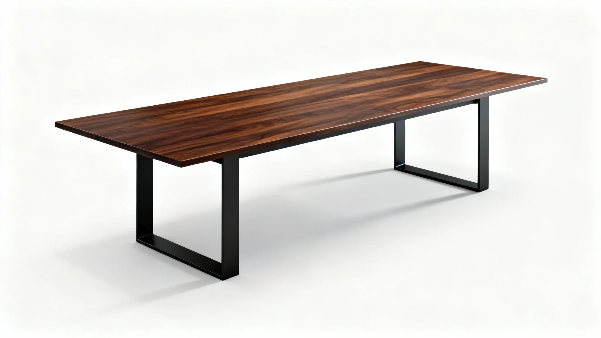 A photorealistic 3D model of a long, modern conference table with a dark wood top and black geometric legs, set against a plain white background.