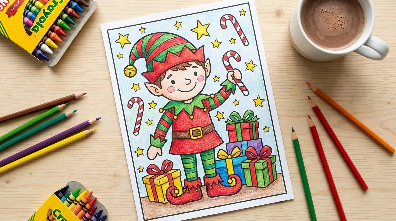 A finished coloring page of a cheerful Christmas elf, vibrantly colored in with crayons and colored pencils, shown as a final result.