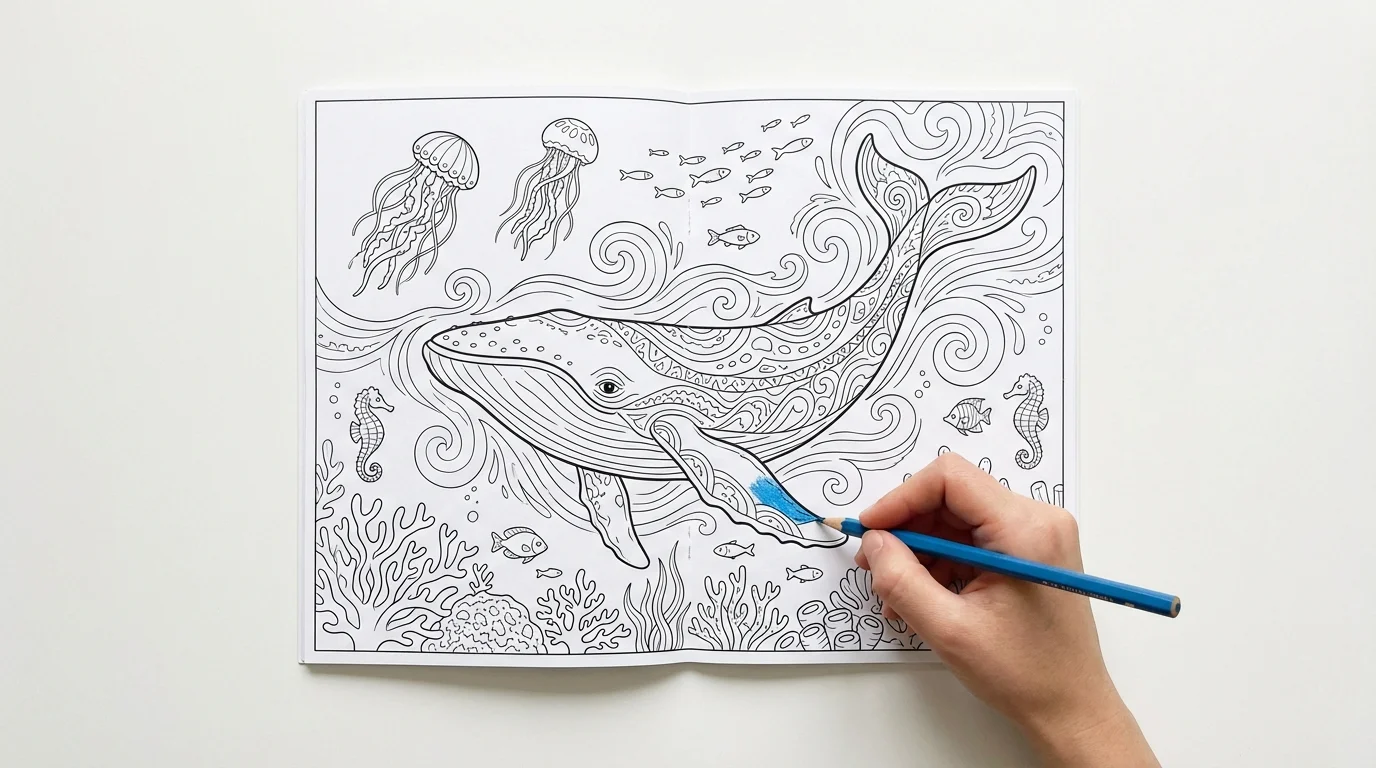 A black and white line art coloring page of a whimsical underwater scene with a large whale, viewed from above on a white surface. A hand holding a blue colored pencil is poised to start coloring.