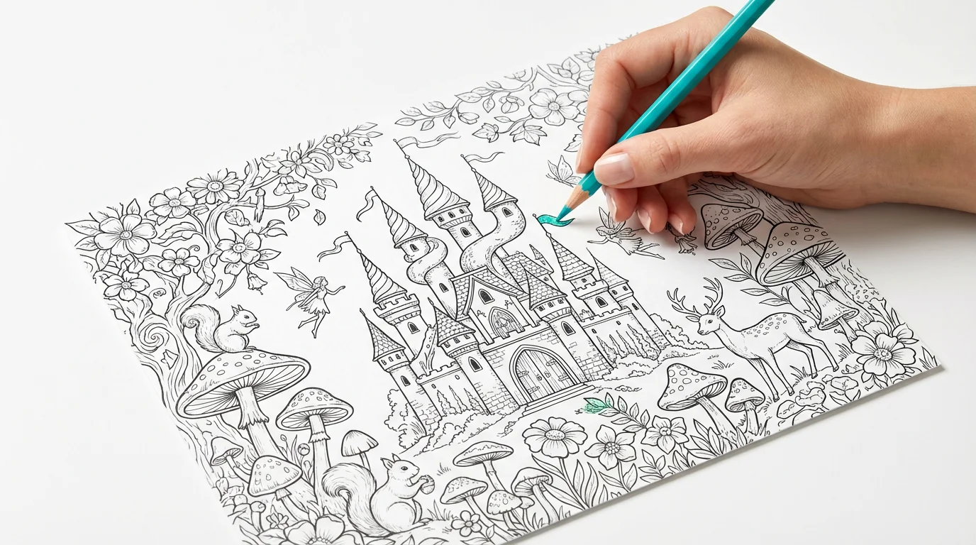 A flat lay image of a detailed, black and white coloring page featuring an enchanted forest and castle, with a hand holding a turquoise pencil starting to color a leaf.