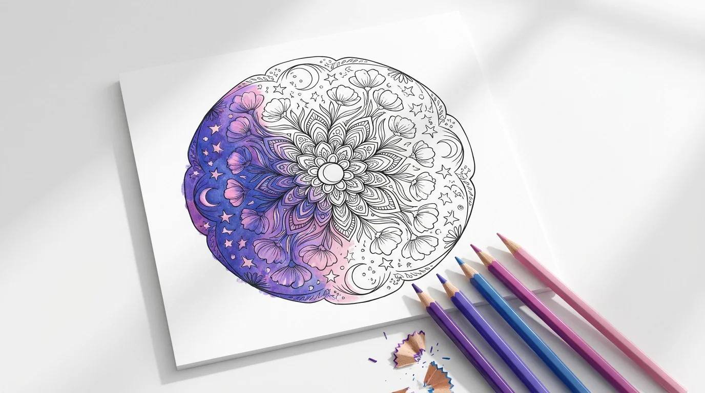 A flat lay image of a coloring page featuring an intricate mandala, partially colored in with vibrant purples and blues, with colored pencils resting beside it on a clean white background.