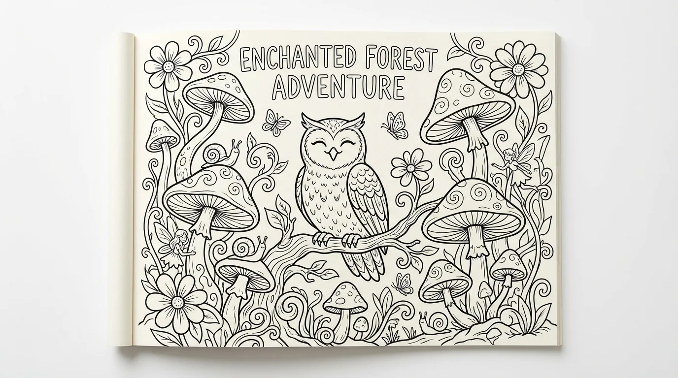 A detailed, black and white line art coloring page of a friendly owl in an enchanted forest, shown against a plain white background.