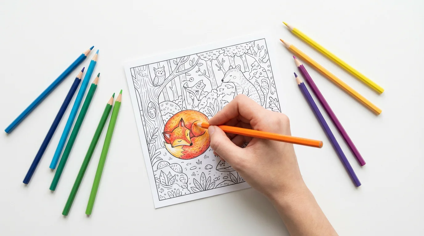 A top-down view of a hand coloring in a detailed drawing of an enchanted forest on a white sheet of paper with colored pencils scattered around.
