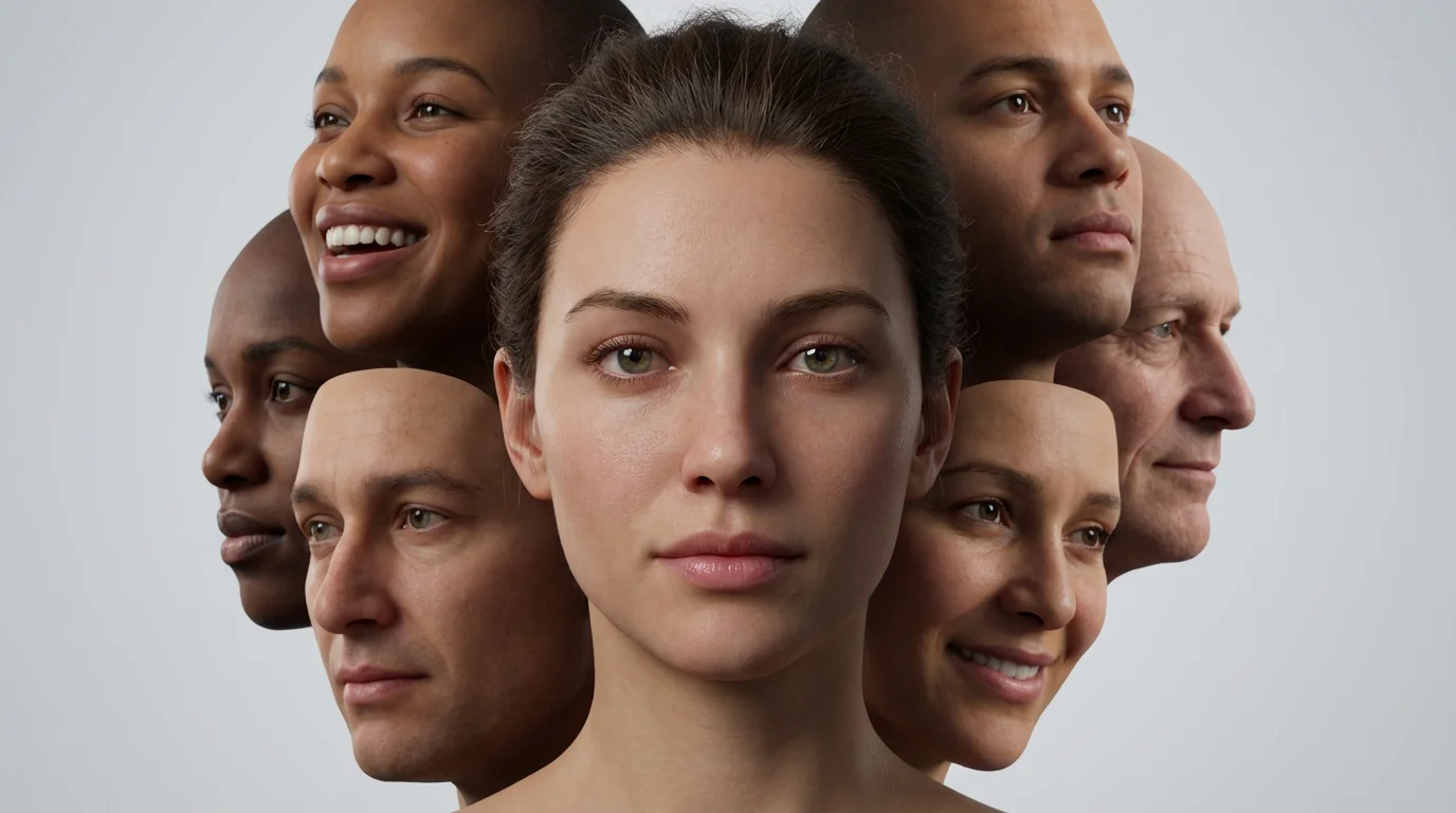 A collage of hyperrealistic 3D rendered faces of diverse ethnicities and ages, showcasing the high-quality output of a 3D face generator.