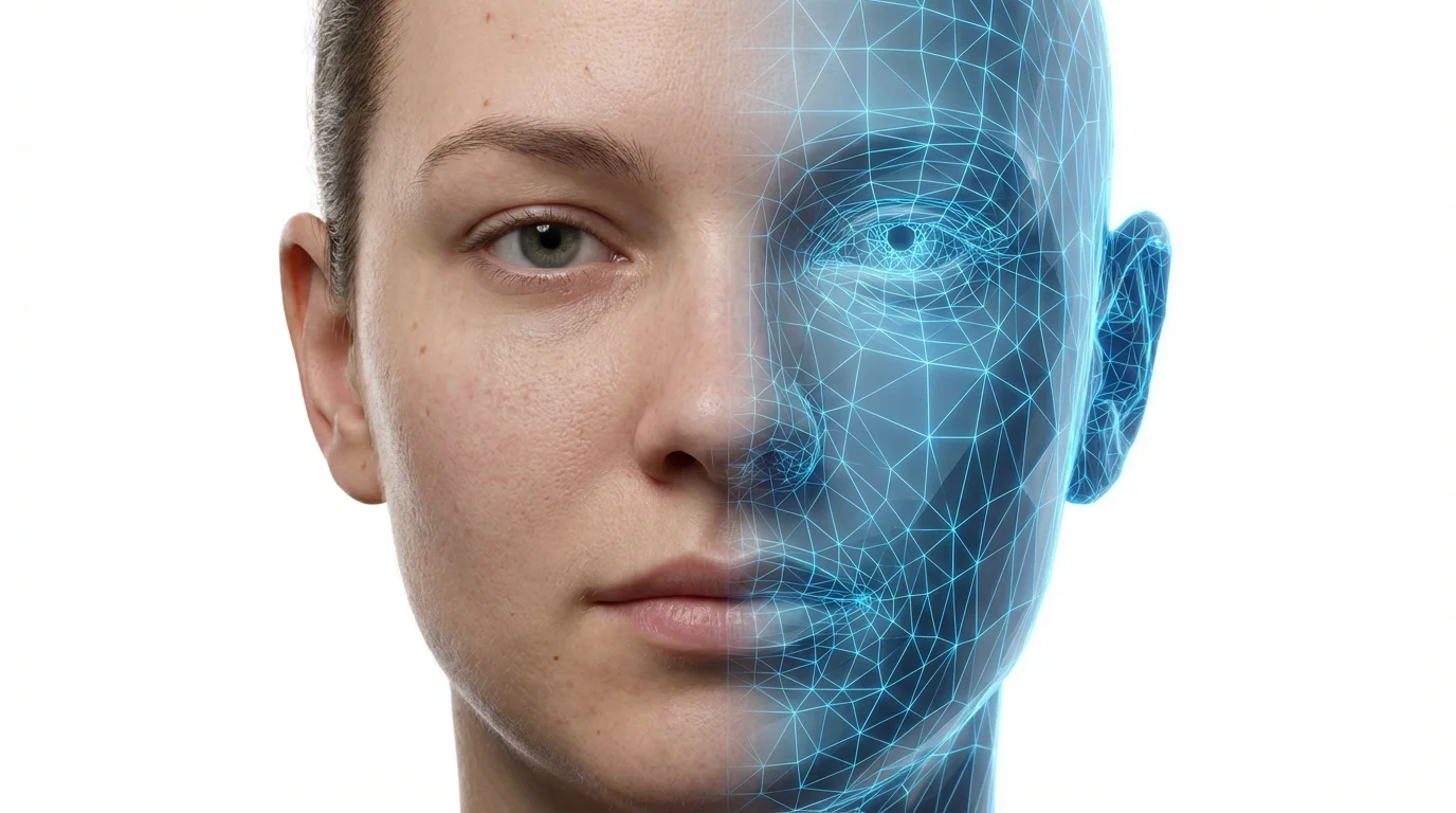 A high-fidelity 3D model of a human face on a white background. Half the face is photorealistic, and the other half is a blue wireframe, demonstrating 3D rendering technology.