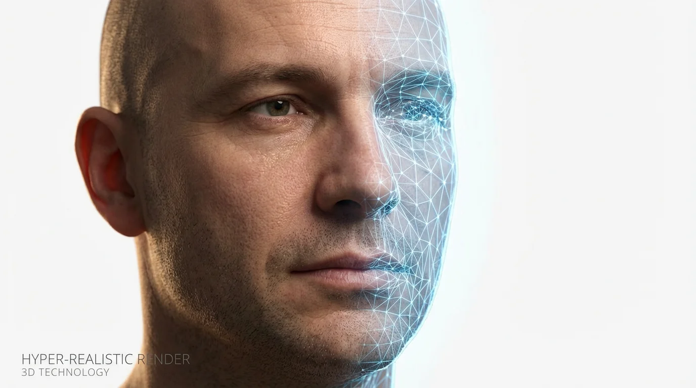 A close-up 3D model of a human face, half photorealistic and half wireframe, demonstrating 3D face generation technology on a white background.
