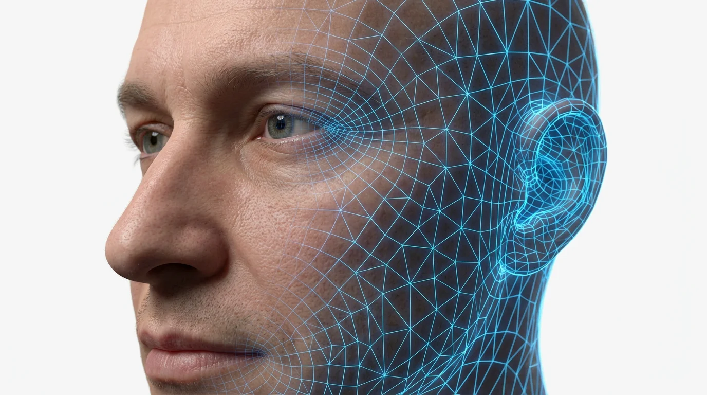 A hyperrealistic 3D render of a human face, with one side showing photorealistic skin and the other side revealing a glowing blue wireframe mesh, against a clean white background.