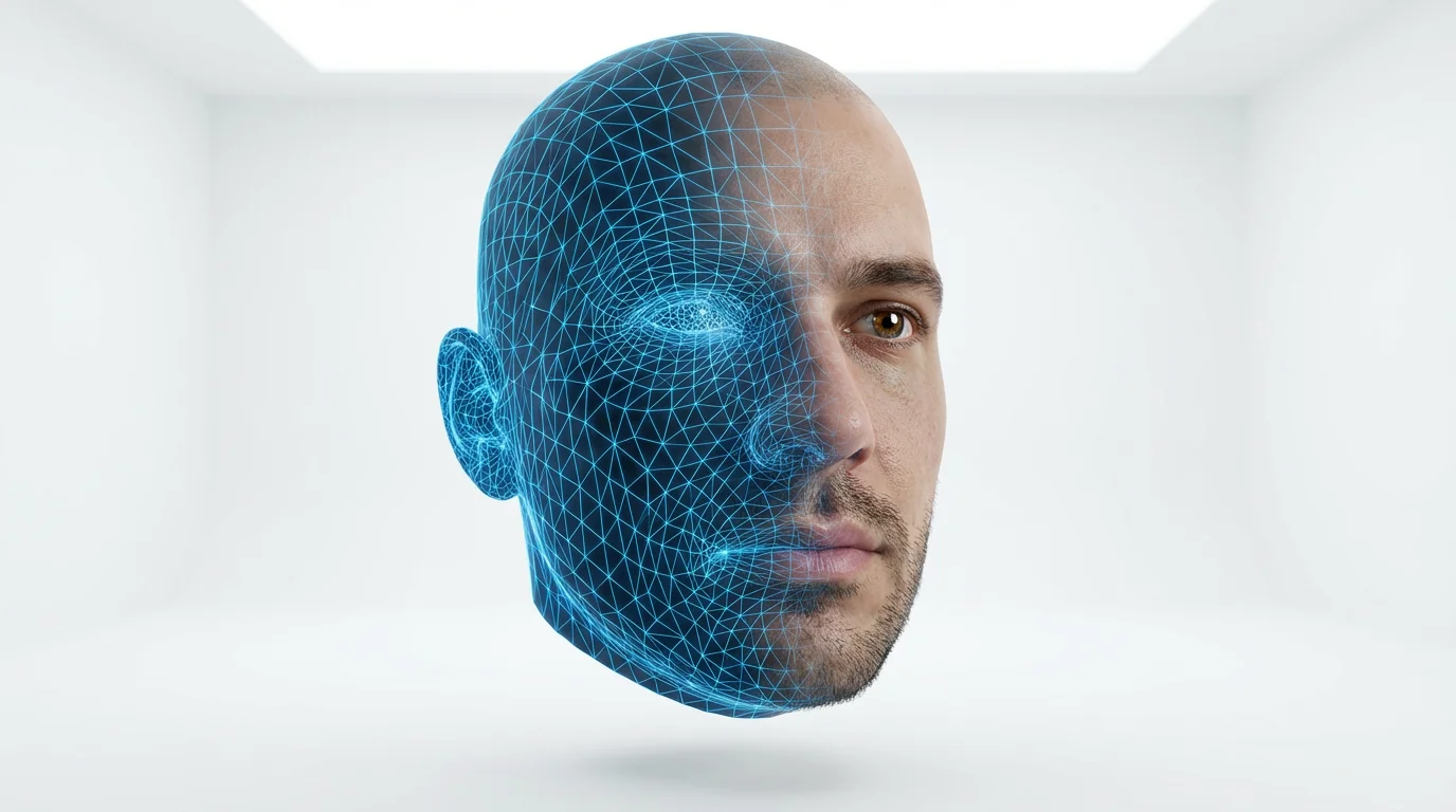 A 3D rendering of a human face transitioning from a blue wireframe on one side to a photorealistic skin texture on the other, set against a plain white background.