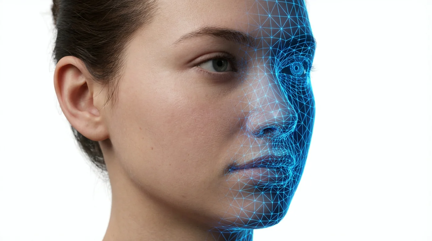 A photorealistic 3D model of a woman's face on a white background, with one half showing realistic skin and the other half showing the underlying blue wireframe structure.
