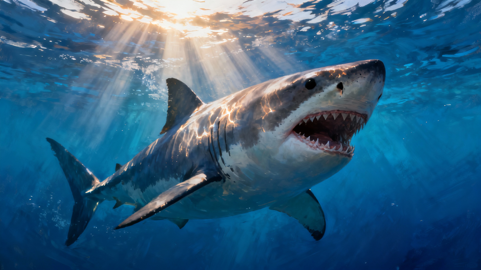 A stunning digital painting of a large Great White Shark swimming in the deep blue ocean, illuminated by shafts of sunlight from above.