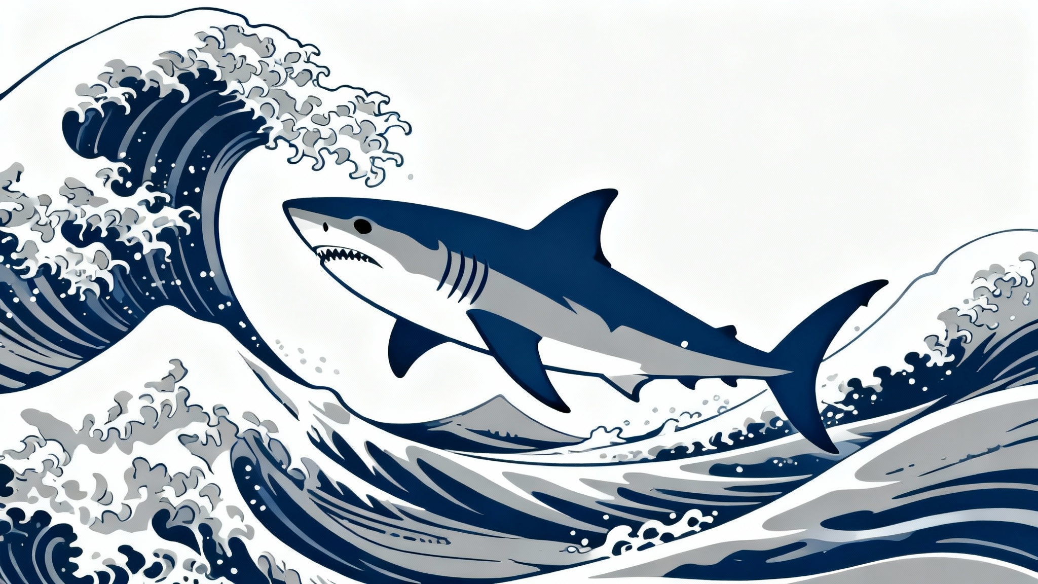 A Japanese ukiyo-e style illustration of a great white shark swimming through stylized waves, depicted in bold lines against a plain white background.