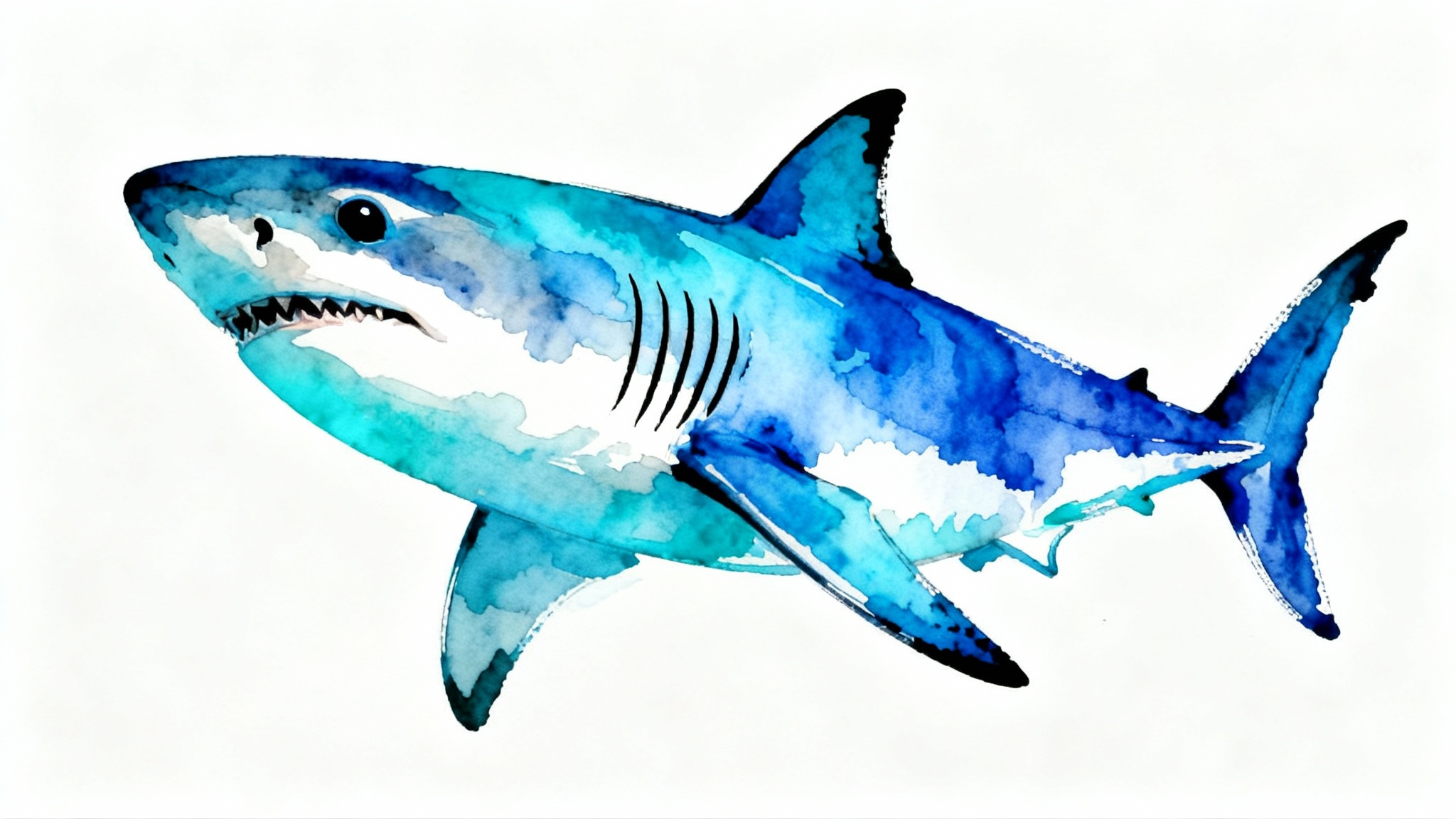 An artistic watercolor illustration of a great white shark, rendered in shades of blue and indigo with black ink details, set against a plain white background.