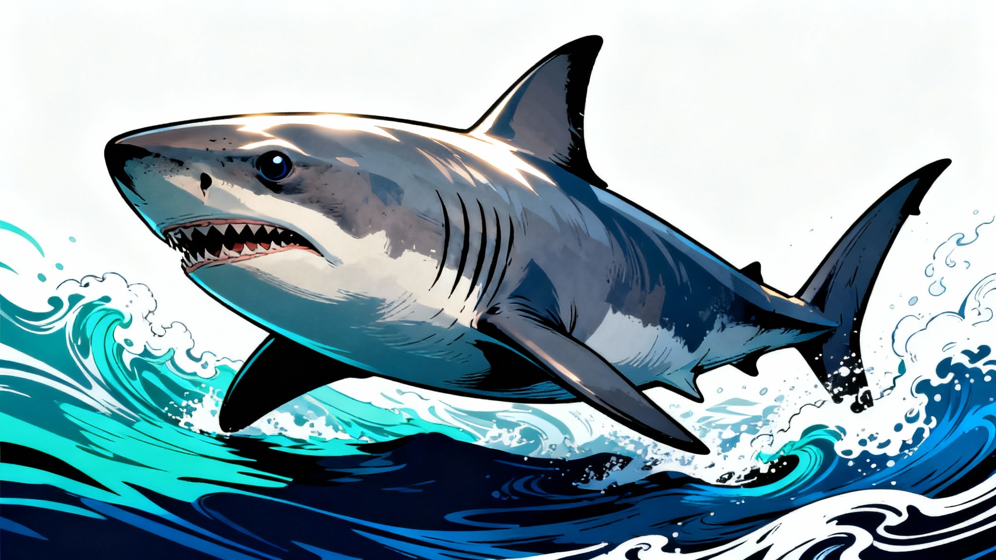 A stylized artistic illustration of a great white shark swimming powerfully through abstract blue waves, set against a solid white background.