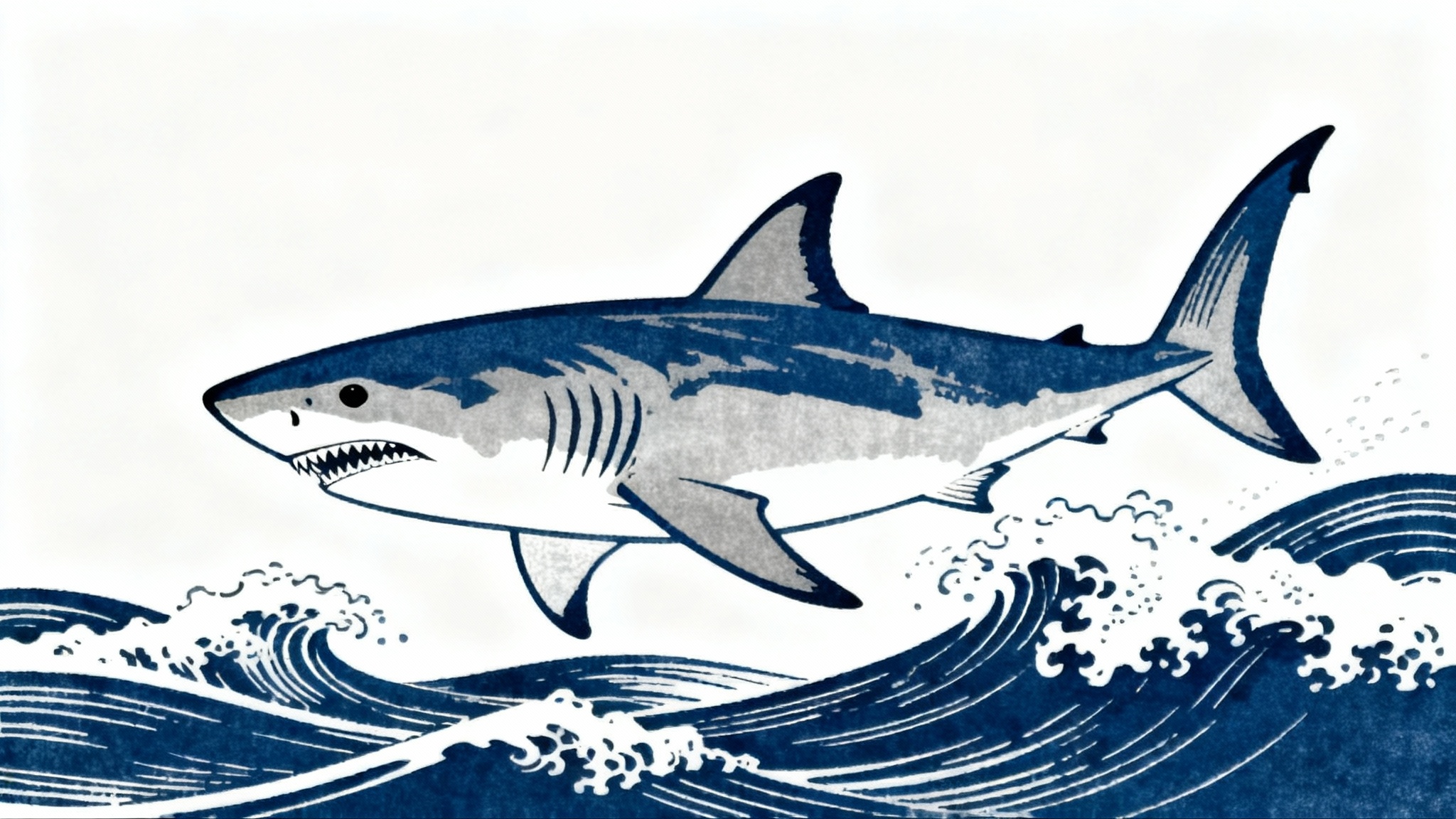 An artistic depiction of a great white shark in the Japanese ukiyo-e style, featuring bold lines and stylized waves against a plain white background.