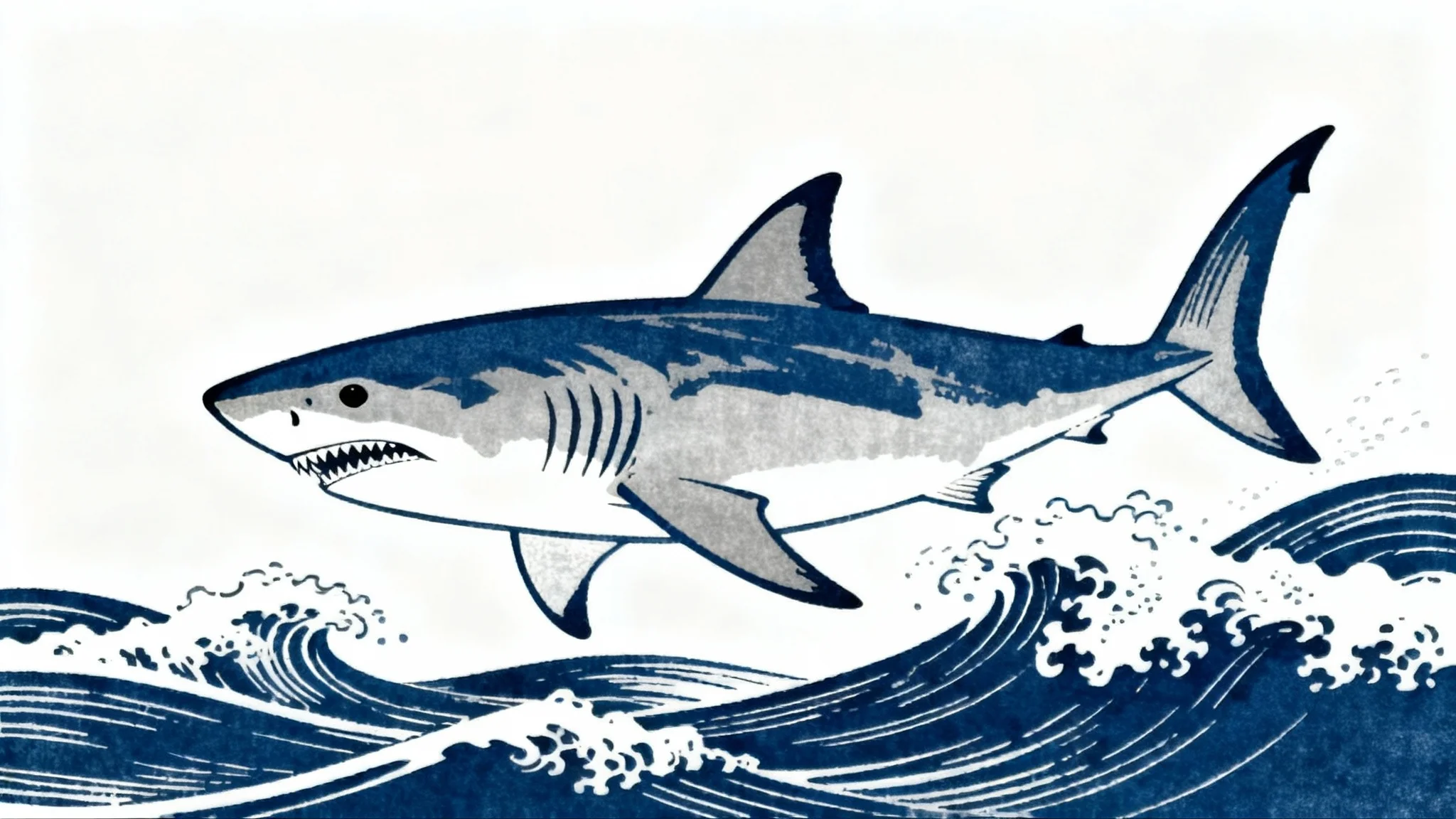 An artistic depiction of a great white shark in the Japanese ukiyo-e style, featuring bold lines and stylized waves against a plain white background.