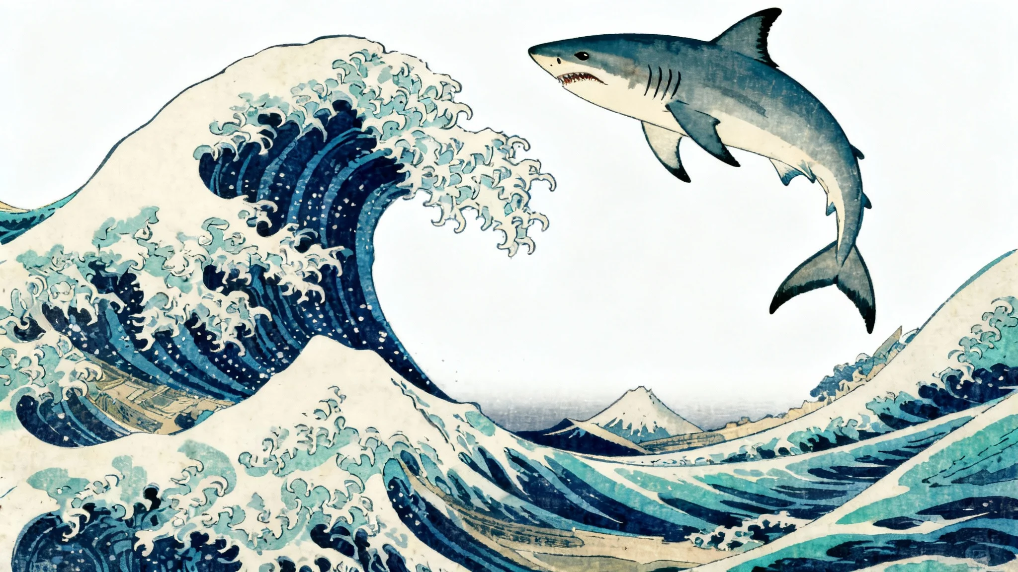 A Japanese ukiyo-e style artwork showing a great white shark leaping dramatically from a large, stylized blue wave, presented as a print against a white background.