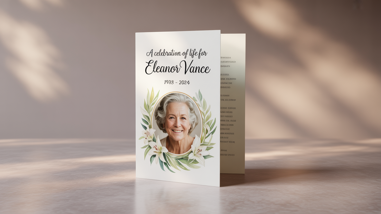An elegant bifold funeral program for 'Eleanor Vance' resting on a light surface, featuring her portrait and a design with white watercolor lilies.