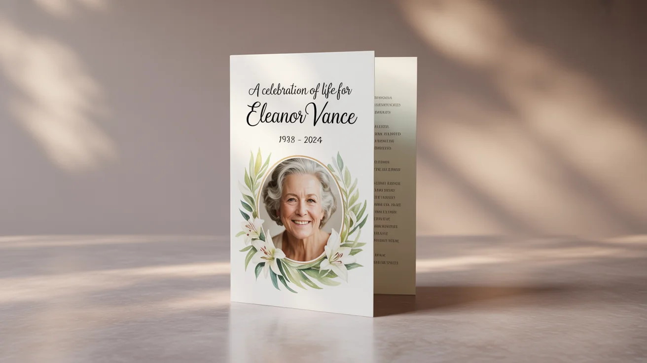 An elegant bifold funeral program for 'Eleanor Vance' resting on a light surface, featuring her portrait and a design with white watercolor lilies.