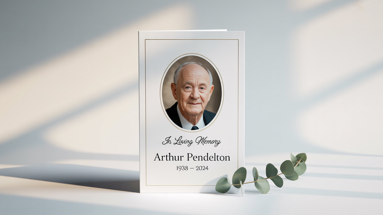 An elegant funeral program mockup for 'Arthur Pendelton' featuring his portrait and the text 'In Loving Memory', displayed on a clean white background with a sprig of eucalyptus.
