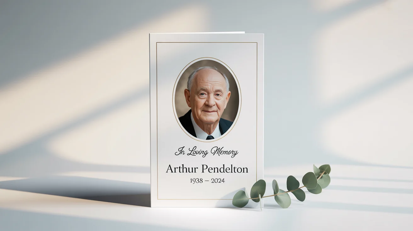 An elegant funeral program mockup for 'Arthur Pendelton' featuring his portrait and the text 'In Loving Memory', displayed on a clean white background with a sprig of eucalyptus.