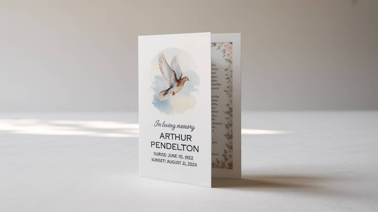A mockup of an elegant bifold funeral program with a watercolor dove on the cover, for 'Arthur Pendelton', standing on a white background.