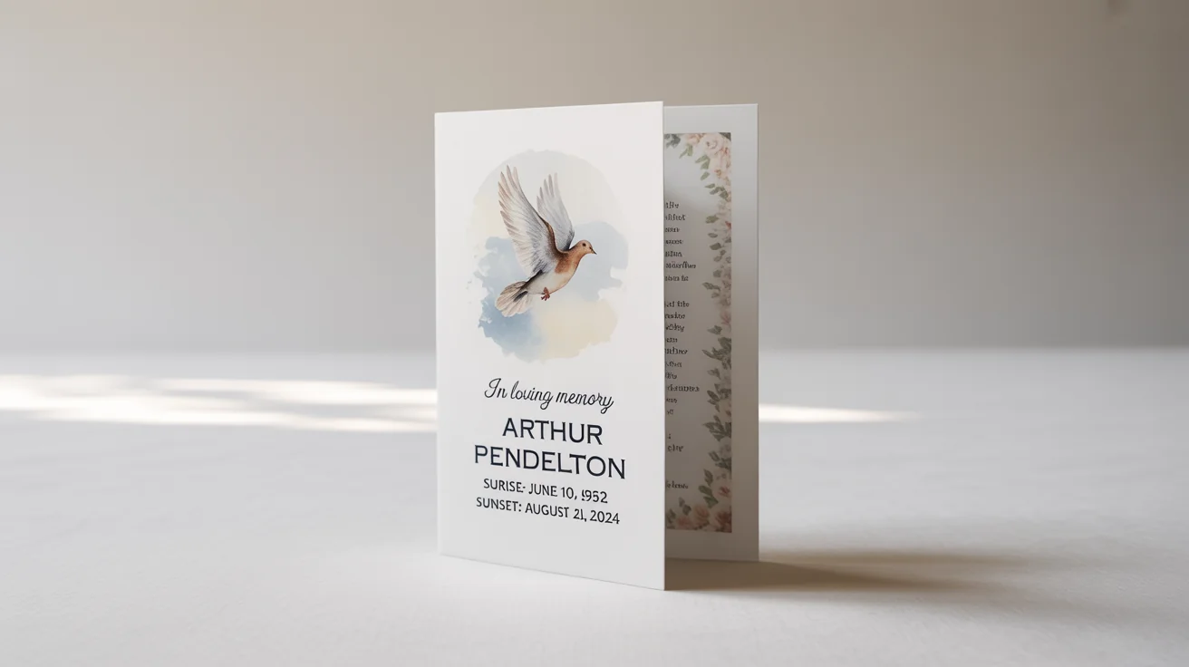 A mockup of an elegant bifold funeral program with a watercolor dove on the cover, for 'Arthur Pendelton', standing on a white background.