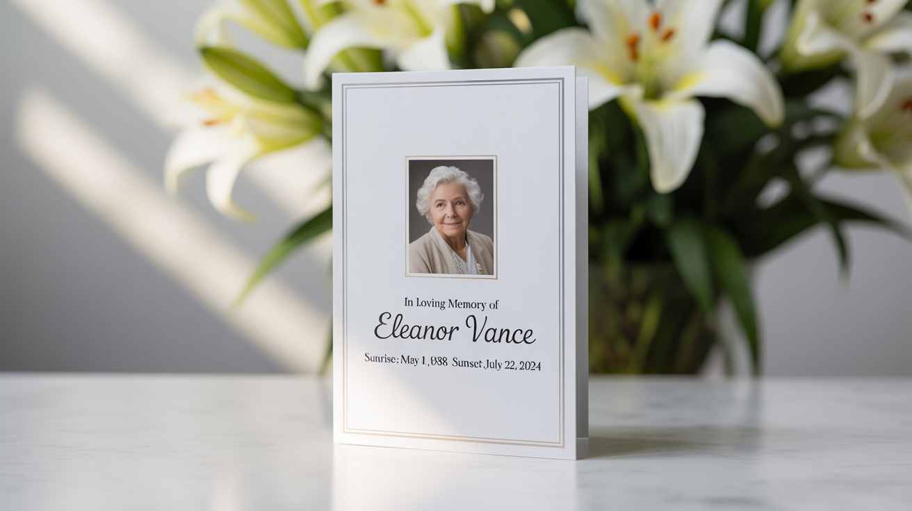 A professionally designed funeral program mockup for 'Eleanor Vance', featuring her photo and elegant text, standing upright on a clean white background.