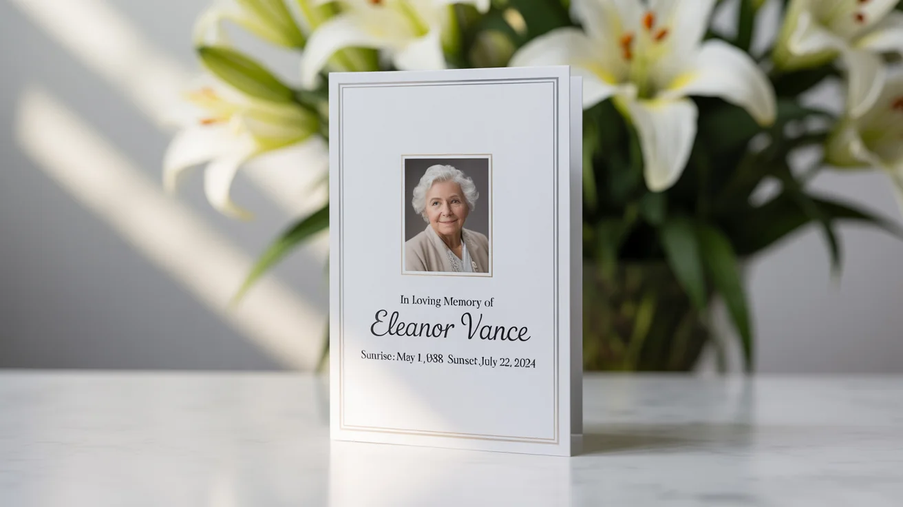 A professionally designed funeral program mockup for 'Eleanor Vance', featuring her photo and elegant text, standing upright on a clean white background.