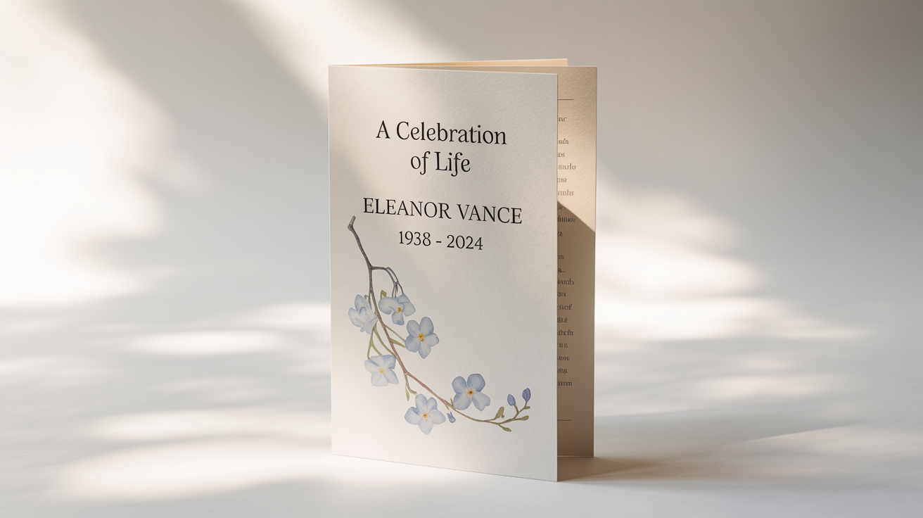 A mockup of an elegant funeral program standing on a white background. The cream-colored cover reads 'A Celebration of Life, Eleanor Vance, 1938 - 2024' and is decorated with a delicate watercolor branch of blue flowers.