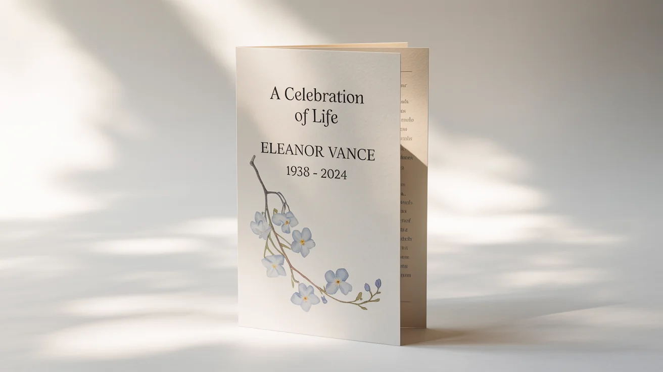 A mockup of an elegant funeral program standing on a white background. The cream-colored cover reads 'A Celebration of Life, Eleanor Vance, 1938 - 2024' and is decorated with a delicate watercolor branch of blue flowers.