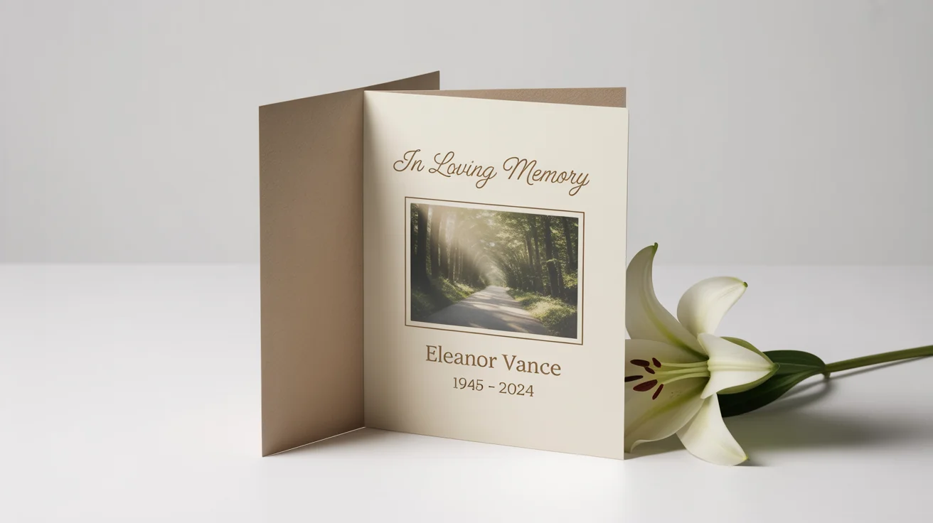 A gracefully designed funeral program mockup for 'Eleanor Vance' with a serene forest image, resting on a white surface next to a white lily.
