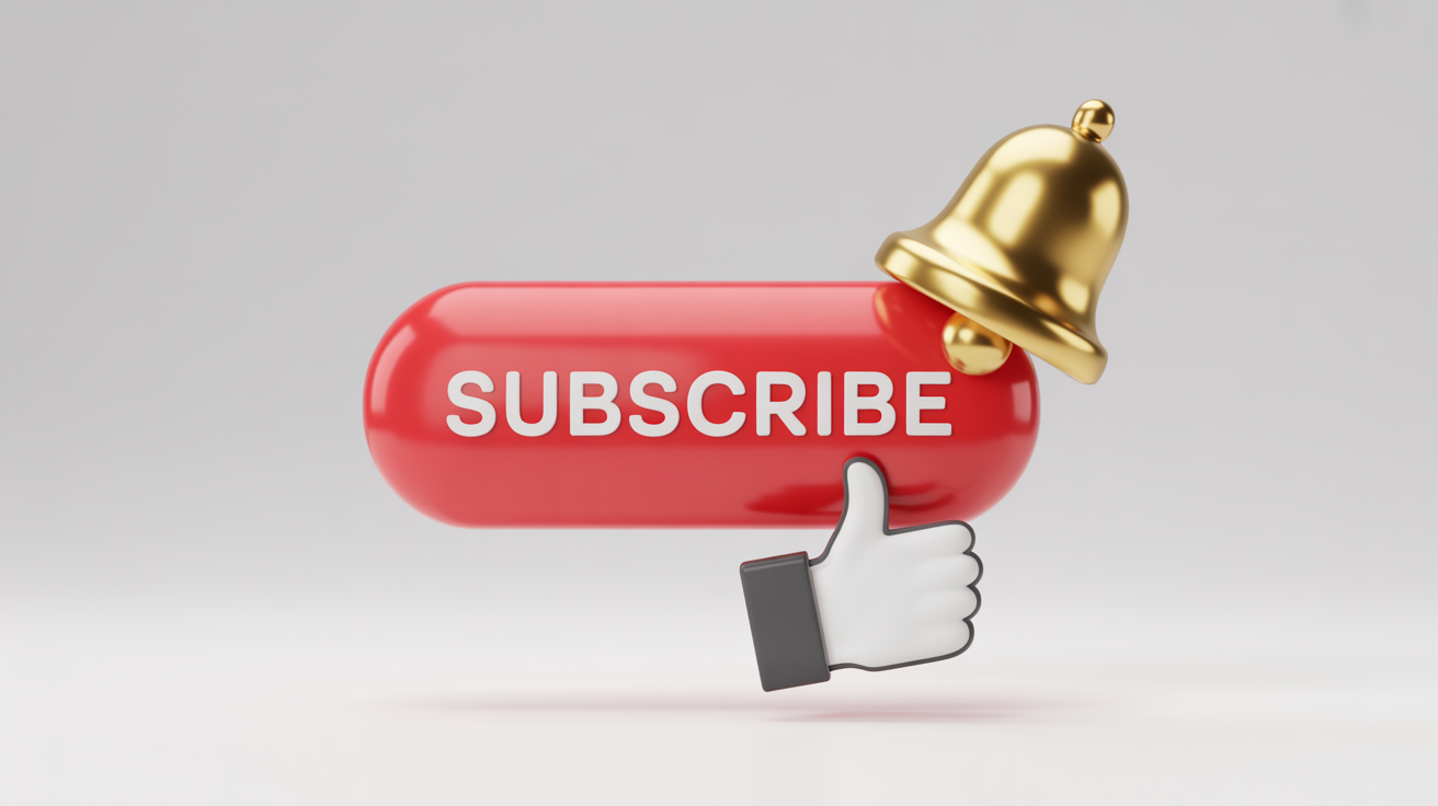 A 3D mockup of a 'Like' and 'Subscribe' graphic, featuring a red subscribe button, a gold notification bell, and a white thumbs-up icon on a plain white background.