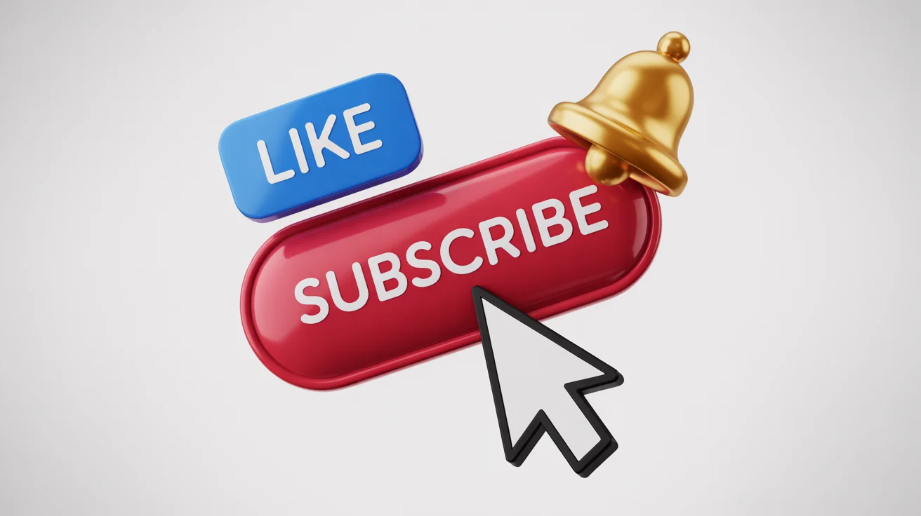A 3D graphic of social media buttons on a white background, showing a blue 'Like' thumbs-up, a red 'Subscribe' button, and a gold notification bell, with a cursor about to click subscribe.