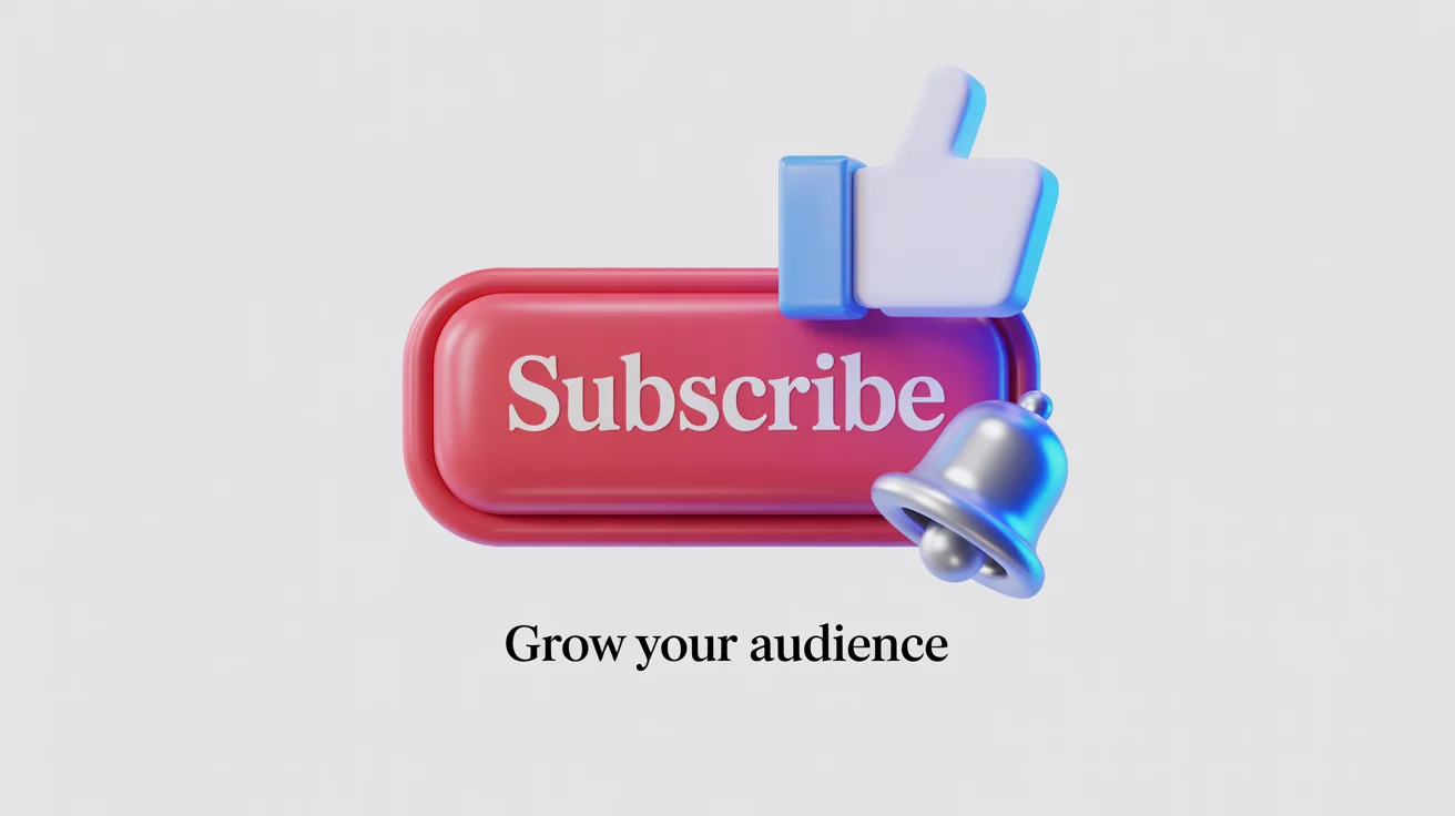 A 3D graphic mockup of social media engagement icons, showing a red 'Subscribe' button, a blue 'Like' thumbs-up, and a silver notification bell on a clean white background.
