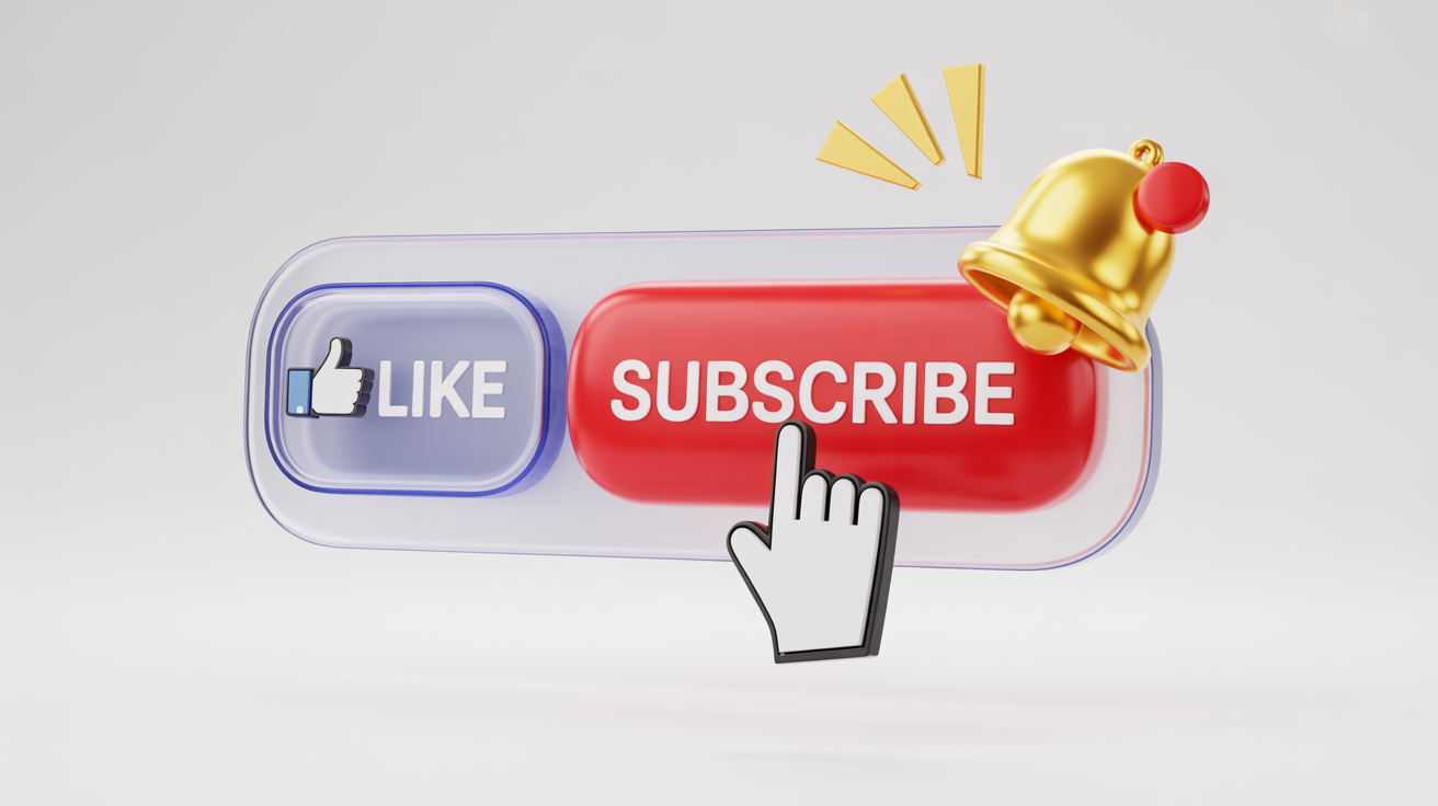 A 3D graphic showing social media engagement icons: a 'Like' button with a thumbs-up, a red 'Subscribe' button, and a yellow notification bell, all on a white background.