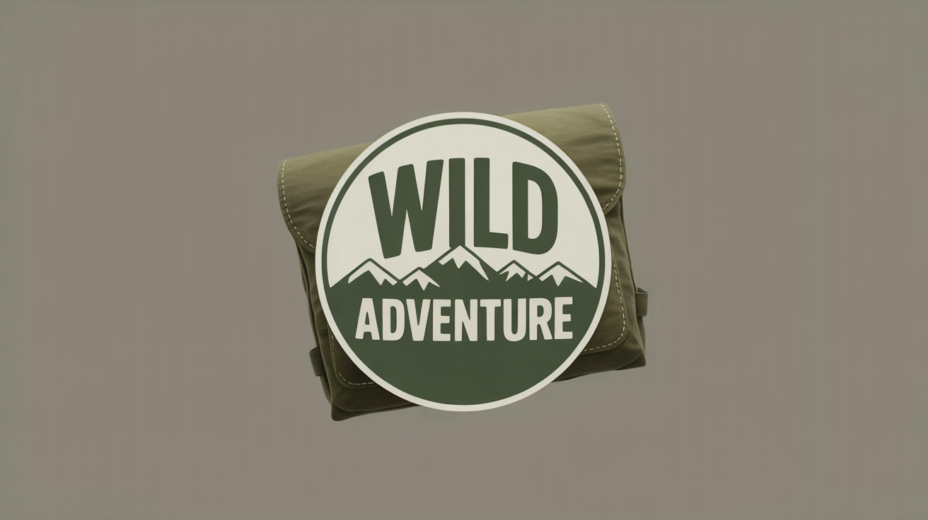 A close-up photograph of a circular, embroidered 'WILD ADVENTURE' logo patch stitched onto the canvas of a backpack. The patch has a mountain design and is shown in high detail.