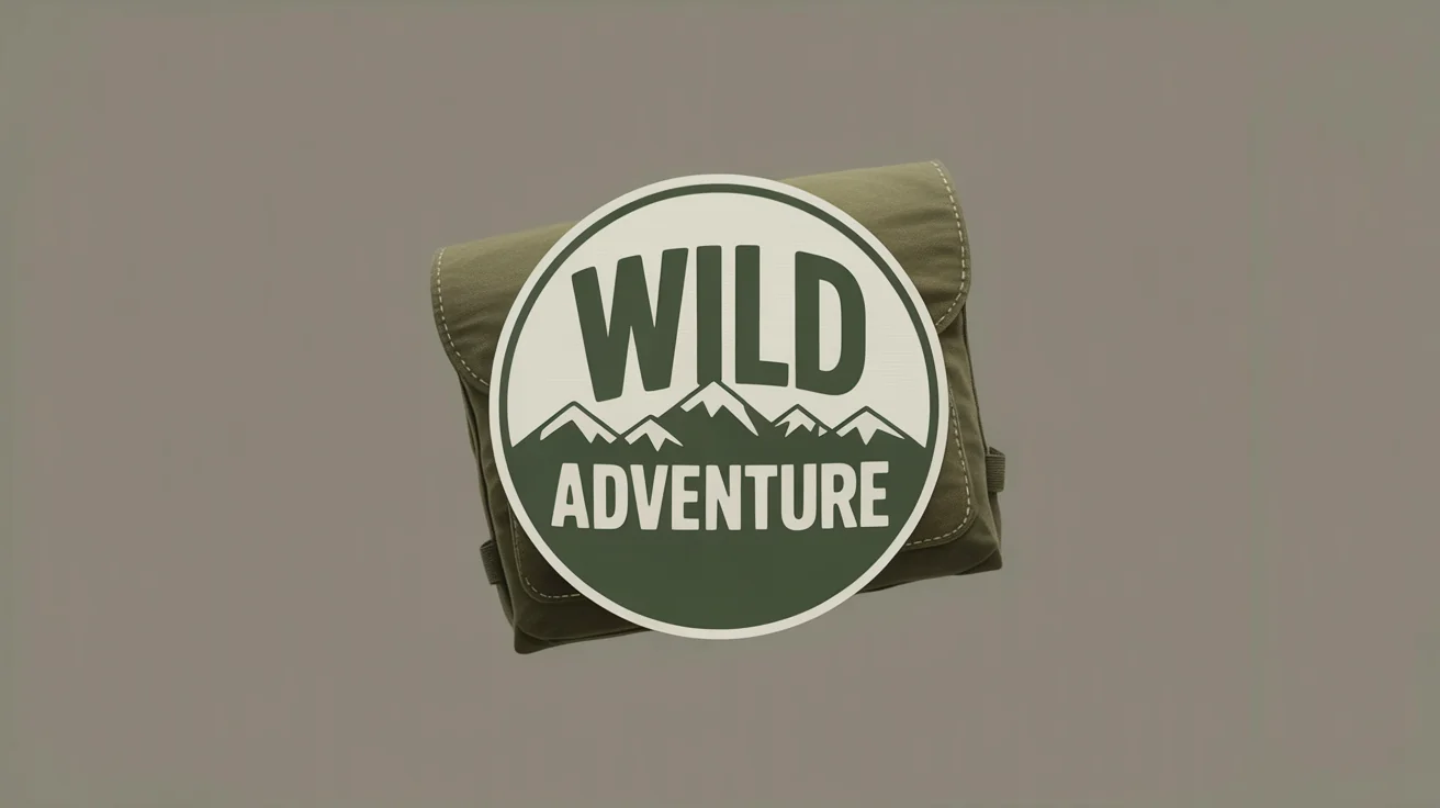 A close-up photograph of a circular, embroidered 'WILD ADVENTURE' logo patch stitched onto the canvas of a backpack. The patch has a mountain design and is shown in high detail.