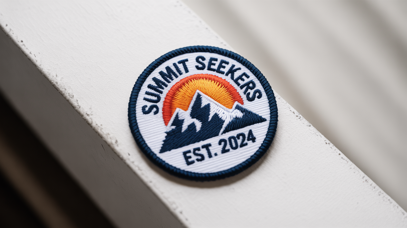 A photorealistic mockup of a circular embroidered patch for a brand called 'Summit Seekers', featuring a mountain range and sun design, set against a white background.